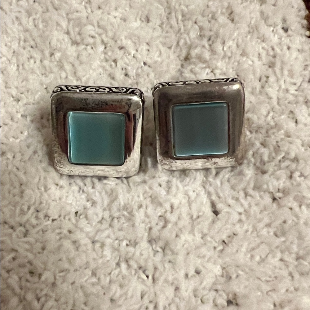 Silver and Blue Square Earrings - Picture 1 of 3